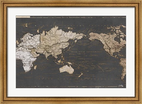 Framed World Map in Gold and Gray Print