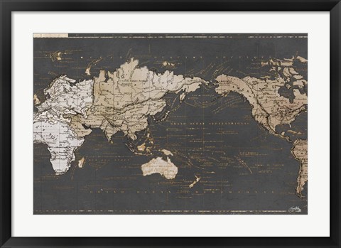 Framed World Map in Gold and Gray Print