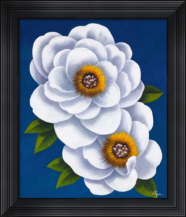Framed White Flowers on Blue I Print