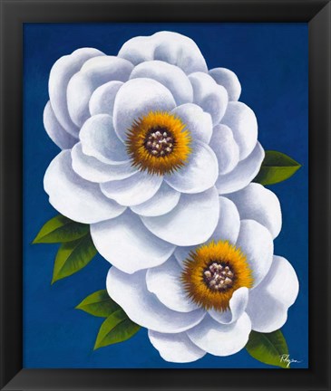 Framed White Flowers on Blue I Print