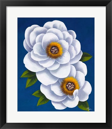 Framed White Flowers on Blue I Print