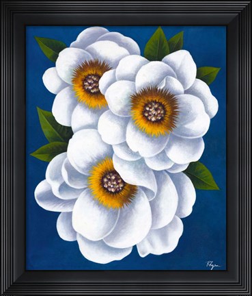 Framed White Flowers on Blue II Print