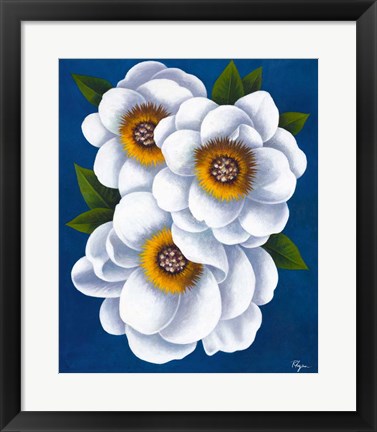 Framed White Flowers on Blue II Print