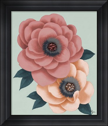 Framed Pink Flowers on Mint I Print