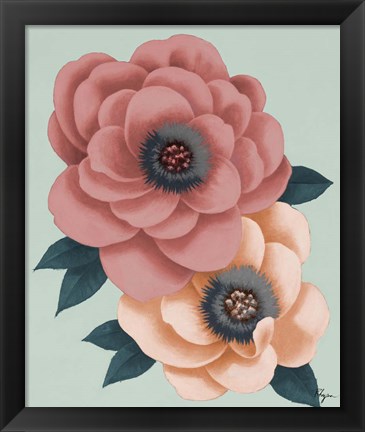 Framed Pink Flowers on Mint I Print