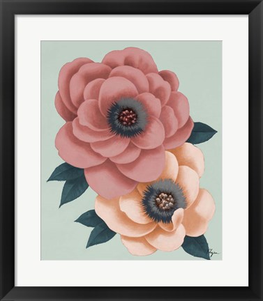 Framed Pink Flowers on Mint I Print