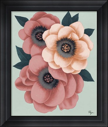 Framed Pink Flowers on Mint II Print