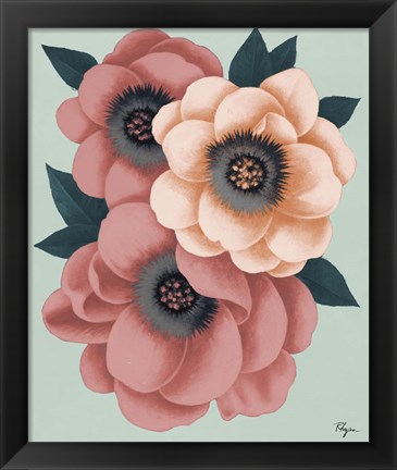 Framed Pink Flowers on Mint II Print