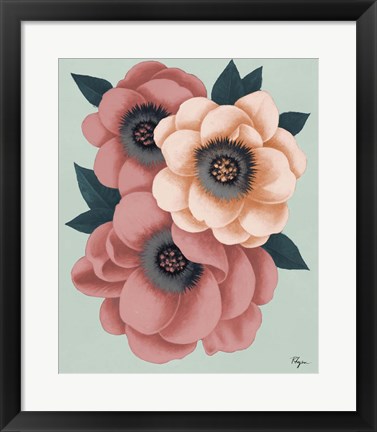 Framed Pink Flowers on Mint II Print