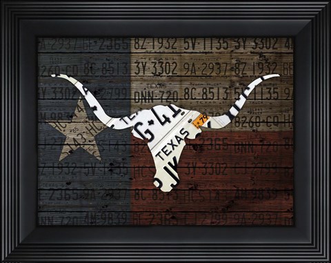 Framed Longhorn Art With Flag Print