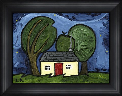Framed Cottage at Night Print