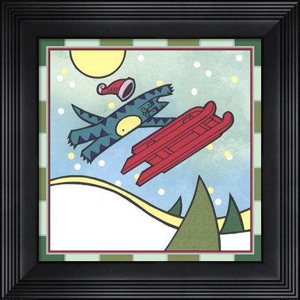 Framed Max Cat Sledding 1 Print