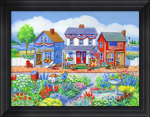 Framed Red White and Blue Shops Print