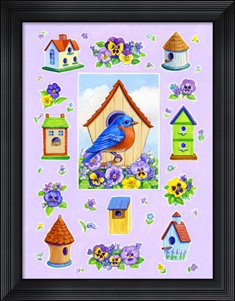 Framed Bluebird And Pansies Print