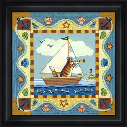 Framed Folk Art Cat Sailing Print