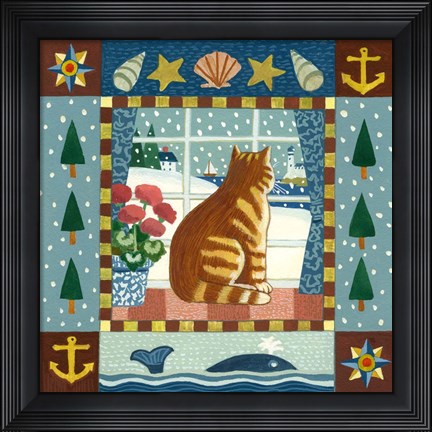 Framed Folk Art Cat Winter Print