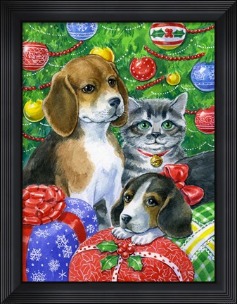 Framed Puppies and Kitten Under the Tree Print