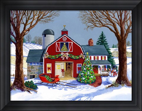 Framed Red Sleigh Barn Print