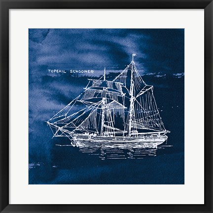 Framed Sailing Ships V Indigo Print