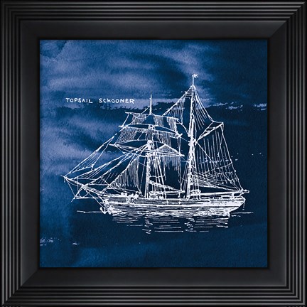 Framed Sailing Ships V Indigo Print