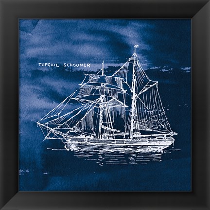 Framed Sailing Ships V Indigo Print