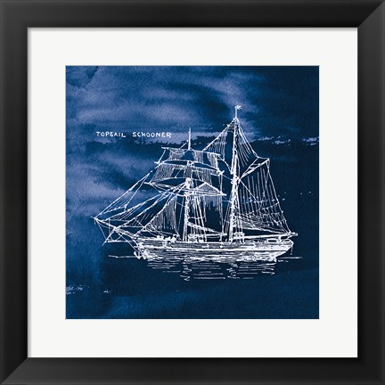 Framed Sailing Ships V Indigo Print