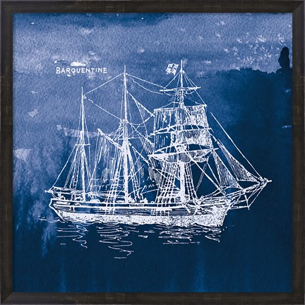 Framed Sailing Ships III Indigo Print