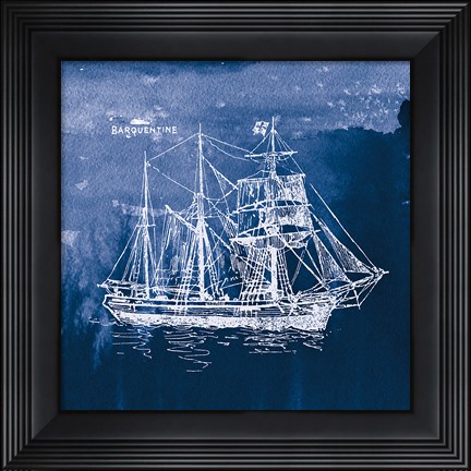 Framed Sailing Ships III Indigo Print