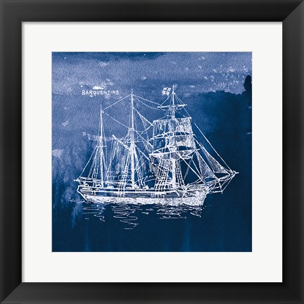 Framed Sailing Ships III Indigo Print