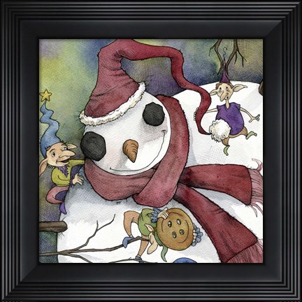 Framed Snowman and Elves Print