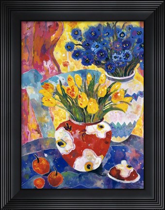 Framed Redvase Of Yellow Tulips Print