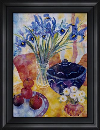 Framed Irises &amp; Dish Of Apples Print