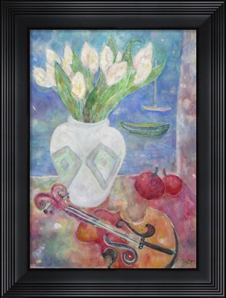 Framed Violin With Flowers Print