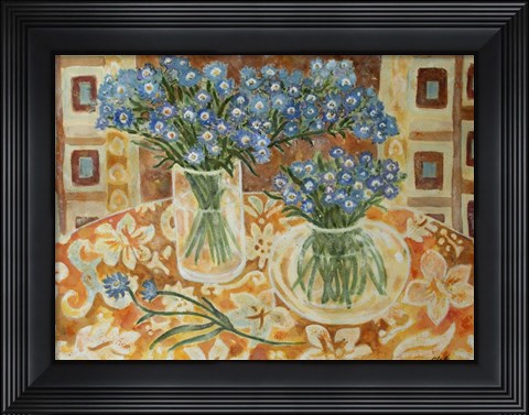Framed Blue Bouquet On A Gold Hawaiian Cloth Print