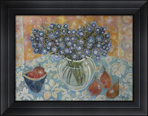 Framed Blue Flowers On A Hawaiian Cloth Print