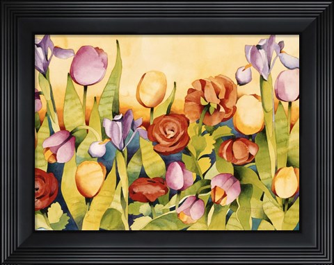 Framed Iris &amp; Tulips/ Yellow Background Print