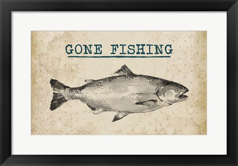 Framed Gone Fishing Salmon Black and White Print