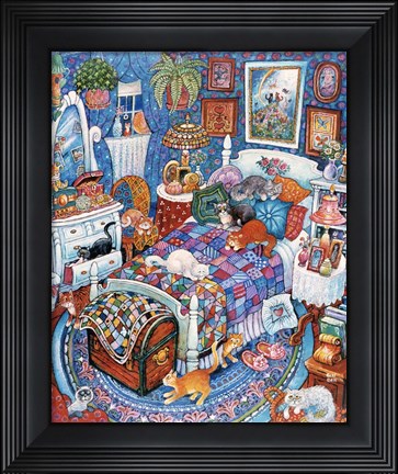 Framed Blue Bedroom Cats Print
