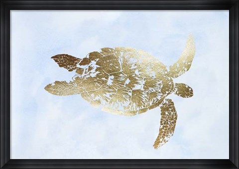 Framed Gold Foil Sea Turtle I on Blue Wash Print