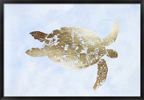 Framed Gold Foil Sea Turtle I on Blue Wash Print