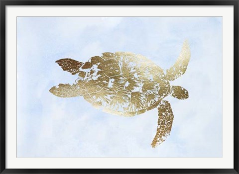 Framed Gold Foil Sea Turtle I on Blue Wash Print