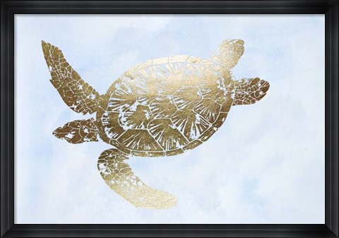 Framed Gold Foil Sea Turtle II on Blue Wash Print