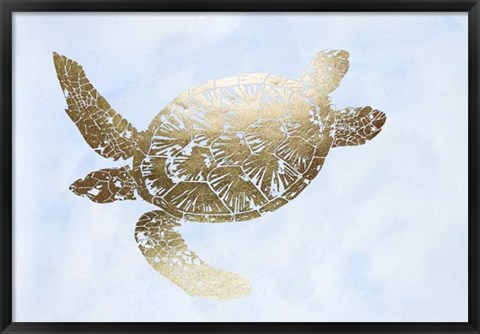 Framed Gold Foil Sea Turtle II on Blue Wash Print