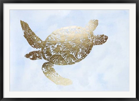 Framed Gold Foil Sea Turtle II on Blue Wash Print