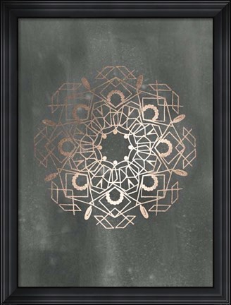 Framed Rose Gold Foil Mandala IV on Black Wash Print
