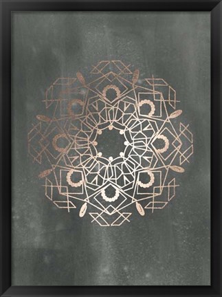 Framed Rose Gold Foil Mandala IV on Black Wash Print