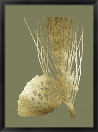 Framed Gold Foil Pine Cones I on Mid Green Print