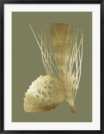 Framed Gold Foil Pine Cones I on Mid Green Print