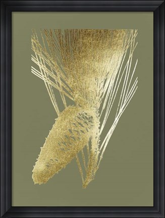 Framed Gold Foil Pine Cones II on Mid Green Print