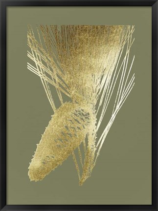 Framed Gold Foil Pine Cones II on Mid Green Print